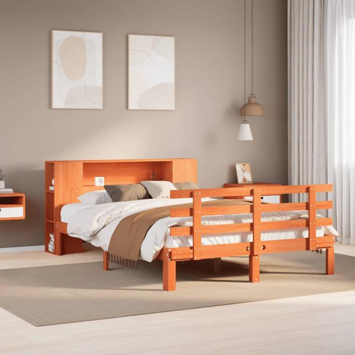 Produktbild VidaXL Massivholzbett Holzbett Bett mit Regal ohne Matratze Wachsbraun 120x200cm (120 x 200 cm)
