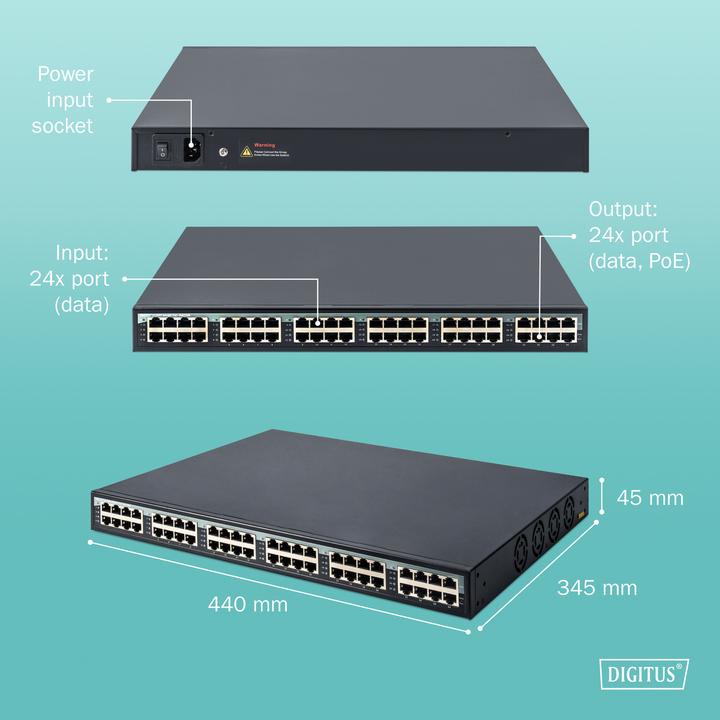 Produktbild Digitus 24 port gigabit PoE+ injector (802.3af (PoE), 802.3at (PoE+), 370 W)
