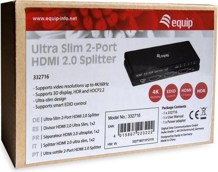 Immagine prodotto equip Splitter HDMI 2.0 2 porte Ultra Slim 4K/60Hz nero