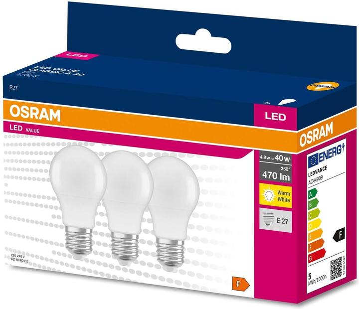 Image du produit Osram LED VALUE CLASSIC A 40 4.9W E27 lampe 470lm 2700K blanc chaud comme 40W (E27, 4.90 W, 470 lm, 1 x, F)