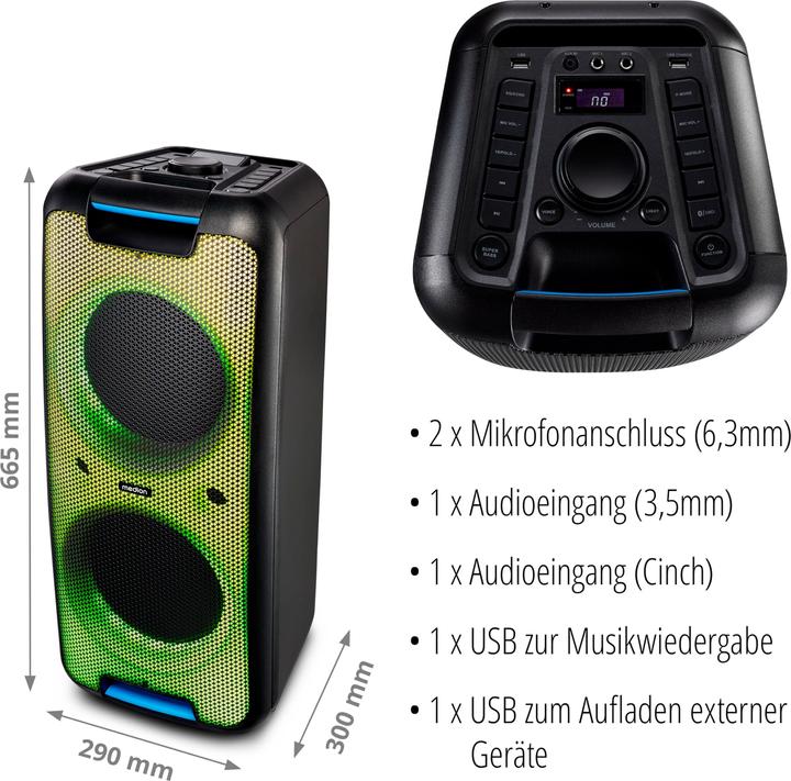 Image du produit Medion P61080 party sound system partyspeakers incl. microfoon, karaoke, oplaadbare batterij, Bluetooth, ec (4 h, Fonctionnement sur secteur)