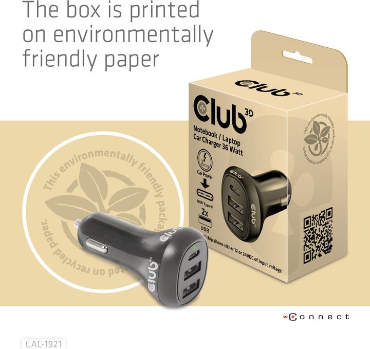 Immagine prodotto Club 3D Caricatore da auto USB Club3D 1xUSB C, 2xUSB A, 36W, 12/24V al dettaglio