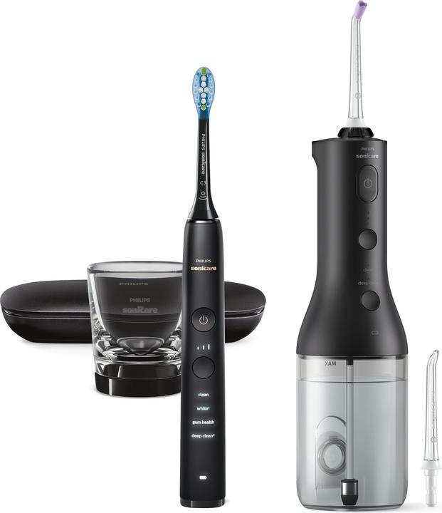 1x F1 standard nozzle, 1x USB wall charger, 1x DiamondClean 9000, 1x USB charging cable, 1x USB travel case, 1x Wireless Power Flosser, 1x C3 brush head, 1x charging glass, 1x F3 Quad Stream nozzle