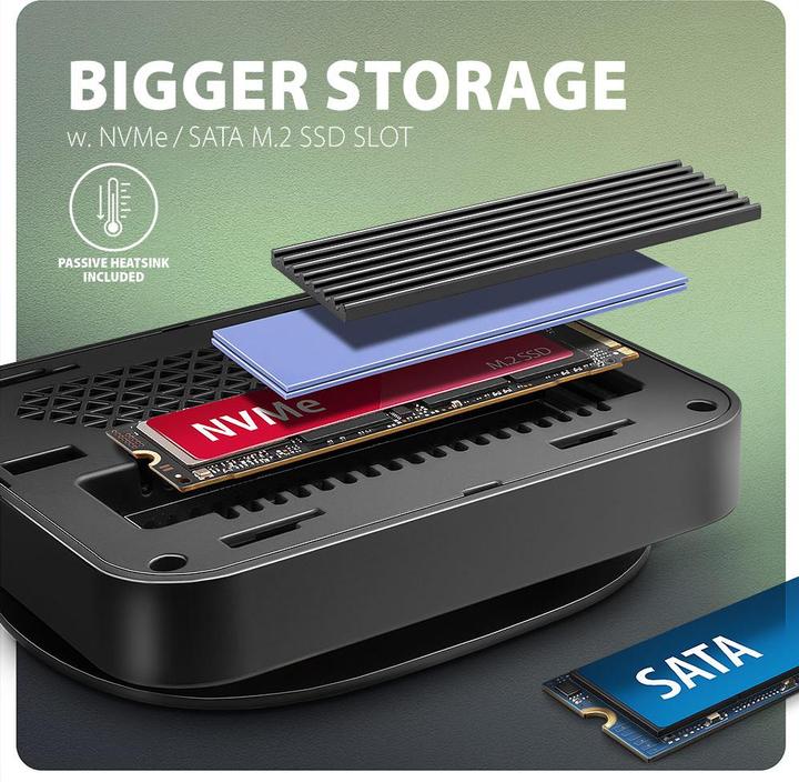Actual product image Axagon HMC-UFO USB-C hub, M.2 SATA/NVMe, 1 Gbit/s Ethernet, 384 kHz audio - black/silver (USB-C, 3 Ports)