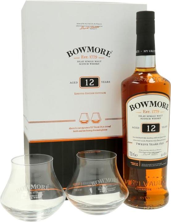 Produktbild Bowmore 12 Years + 2 Glasses 40% Vol. 0,7l (Scotch Whisky)