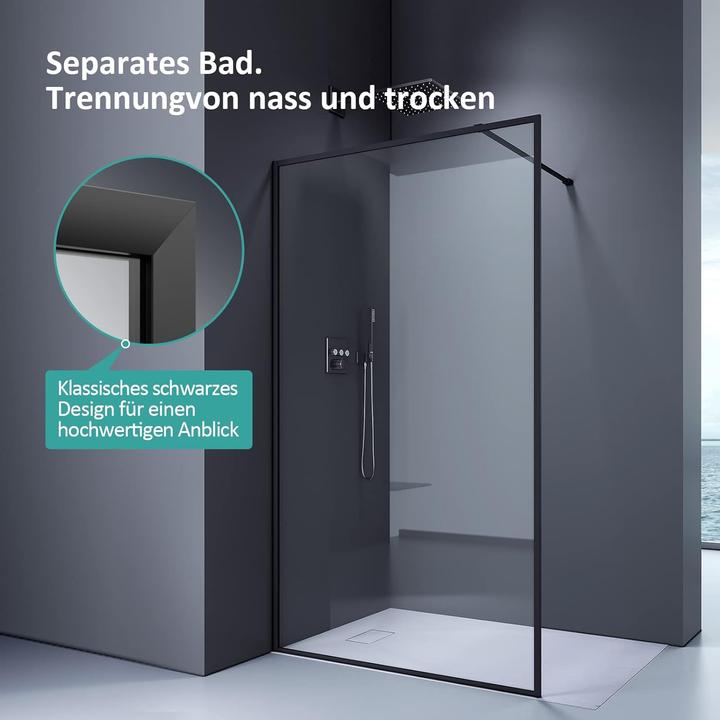 Actual product image Emke Walk-In Shower Screen, Glass 120x195cm, 8mm Glass, Easy-Clean, Shower Partition, Black (195 cm, 120 cm, 200 cm)