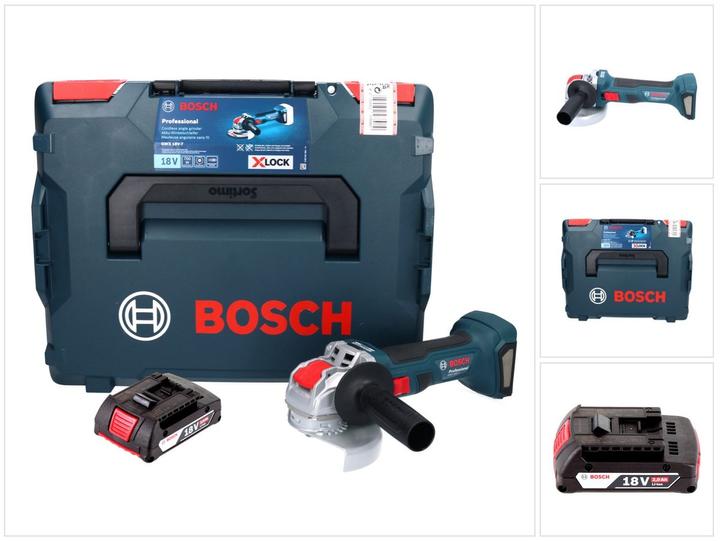 1x Bosch 18V 2 Ah Li-Ion Einschub Akku (1600Z00036), 1x L-Boxx, ohne Ladegerät, 1x Bosch GWX 18V-7 Professional Akku Winkelschleifer, 1x Schutzhaube (1605510365), 1x Zusatzhandgriff (1602025024)