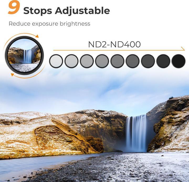 Image du produit K&F Concept Filtre pour objectif 37MM ND2-ND400 variable (1-9 diaphragmes), filtre à densité neutre ajustable (Filtre de couleur neutre)