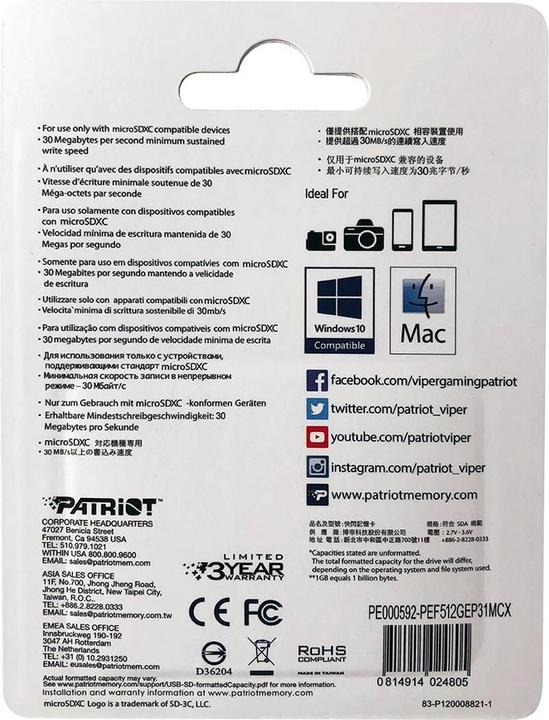 Valeurs nutritives et ingrédients Patriot EP Pro Micro SDXC 1TB (512 Go, microSDXC, U3, UHS-I)