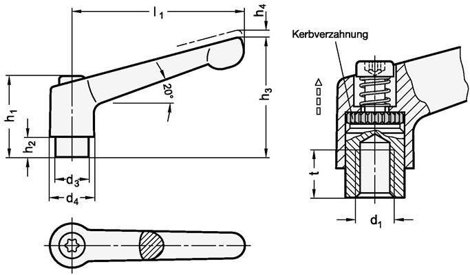Actual product image Ganter Adjustable clamping lever GN 300.1 d1 M 8 mm l1 63 mm l2 50 mm external thread (63 mm)