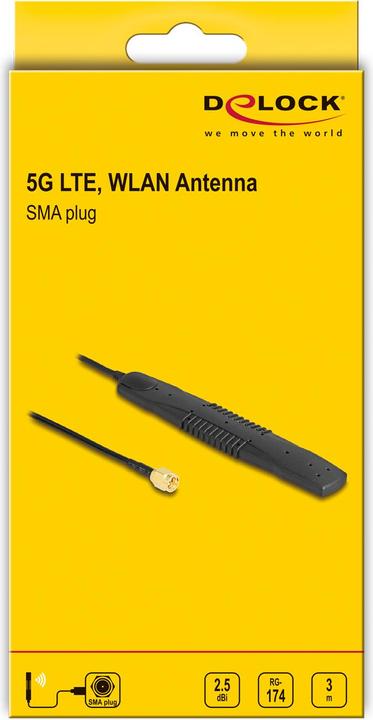 Produktbild Delock 5G LTE, WLAN Antenne SMA Stecker 2,5 dBi omnidirektional starr schwarz Klebemontage (5G, WLAN)