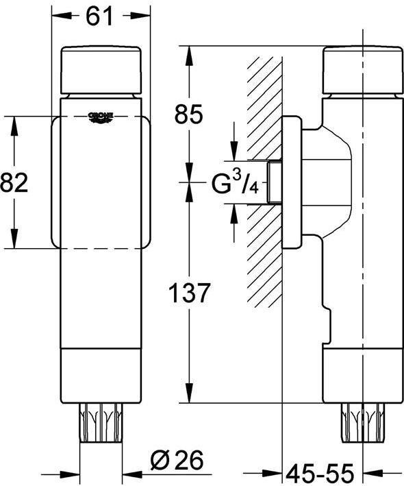 Image du produit Grohe Rinceur à pression RONDO A.S. p WC 3/4 pouce intégré pré-verrouillage chromé