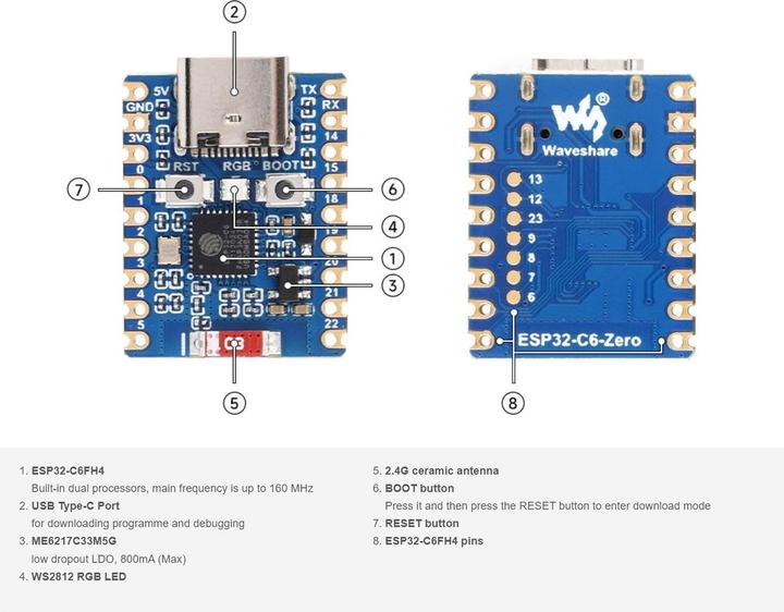 Actual product image WaveShare ESP32-C6 Zero Mini development board with headers