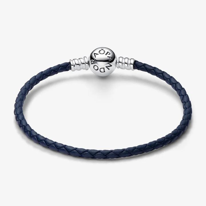 Actual product image Pandora Moments Blue Braided Leather Bracelet with Ball Clasp (17.50 cm, Leather, Sterling silver)