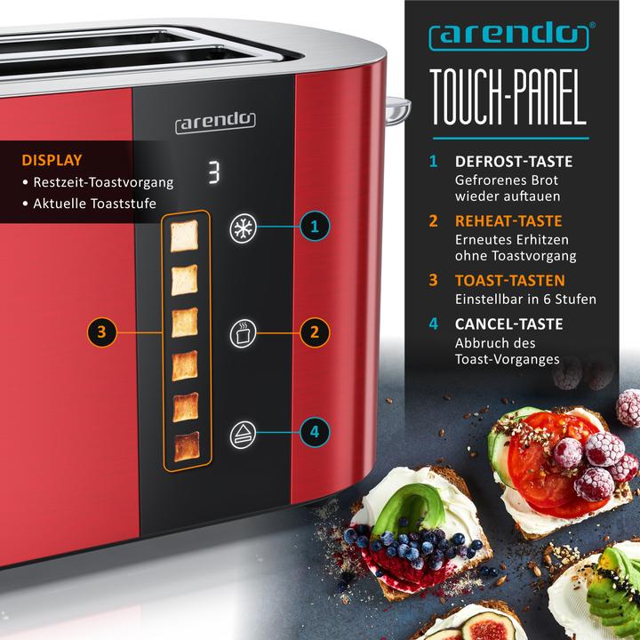 Produktbild Arendo Toaster Edelstahl 4 Scheiben Langschlitz, Bräunungsgrad & Restzeitanzeige, Touch Display, 1500 W