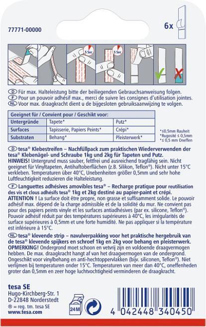 Image du produit tesa Powerstrips pour papier peint & plâtre, 1kg de maintien, 6x bandes adhésives double face