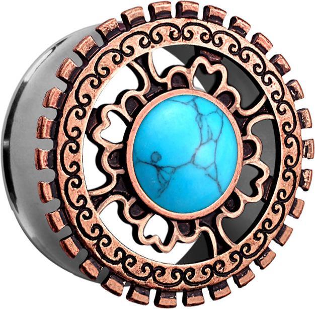 Immagine prodotto Star Piercing Tunnel svasato con scudo tribale in oro rosa antico e pietra turchese (Ottone, Mnerale, Acciaio chirurgico 316L)