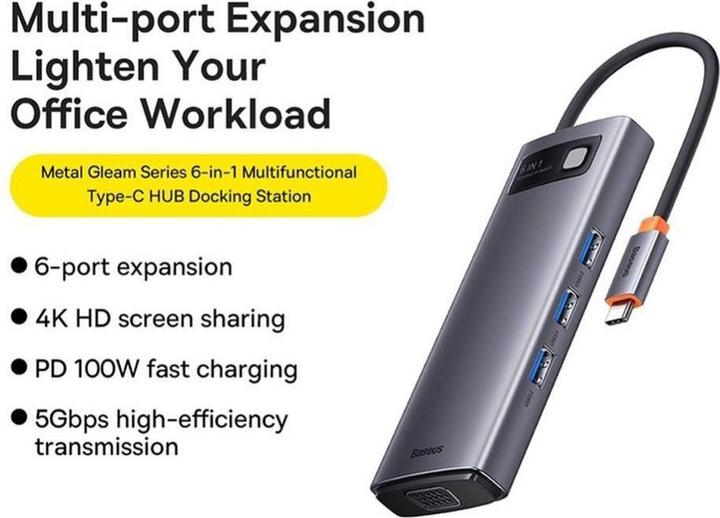Image du produit Baseus Metal Gleam Series 6-in-1 Multifunctional Type-C HUB Docking Station Gray Type-C to HDMI*1+USB3.0*3 (USB-C, 6 Ports)