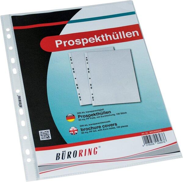 Büroring Prospekthülle, DIN A4, farblos, PP-Folie, 60 my, Oberfläche glatt, glasklar, oben offen, Eurolochung (A4, 100 x)