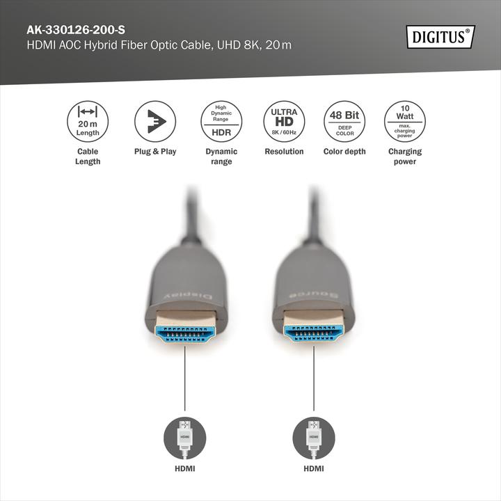 Image du produit Digitus Câble de fibre optique hybride HDMI AOC, UHD 8K, 20 m (20 m, HDMI)