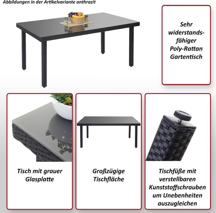 Actual product image Swisshandel24 Poly Rattan Garden Table Cava, Dining Table with Glass Top, 160x90x74cm - Grey (160 cm)