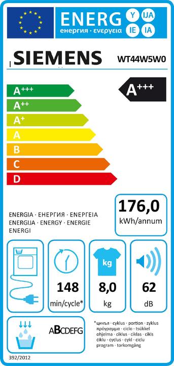 Energie-Label Siemens WT44W5W0 iQ700 (8 kg, Rechts, EU-Stecker)