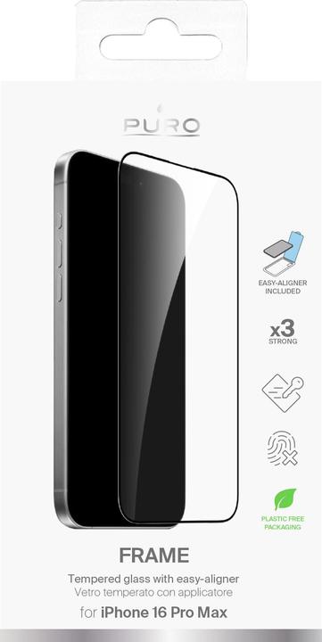 Actual product image Puro Tempered Glass with Frame with Applicator included for iPhone 16 Pro Max (1 Piece, Apple iPhone 16 Pro Max)