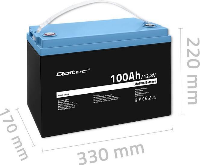 Image du produit Qoltec ACCUMULATEUR LIFEPO4 LITOWO-ŻELAZOWO-FOSFORANOWY | 12.8V | 100AH | 1280WH | BMS (12 V, 100.90 Ah)
