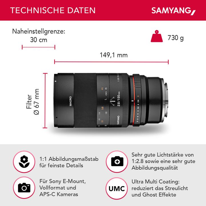 Produktbild Samyang 100mm f/2.8 ED UMC, Sony E (Sony E, Vollformat, APS-C / DX)