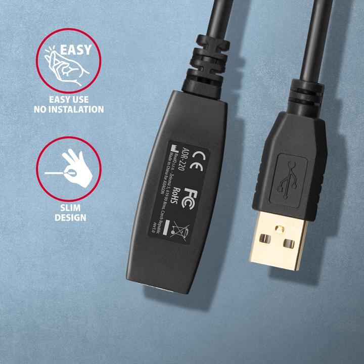 Produktbild Axagon ADR-220 aktives USB 2.0 Verlängerungskabel, USB-A Stecker/Buchse - 20m (20 m, USB 2.0)