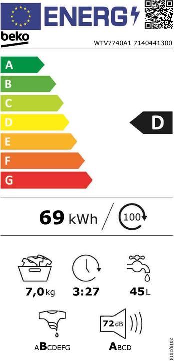Energie-Label Beko WTV7740A1 - Wasmachine - Antraciet/Zwart (7 kg, Links)