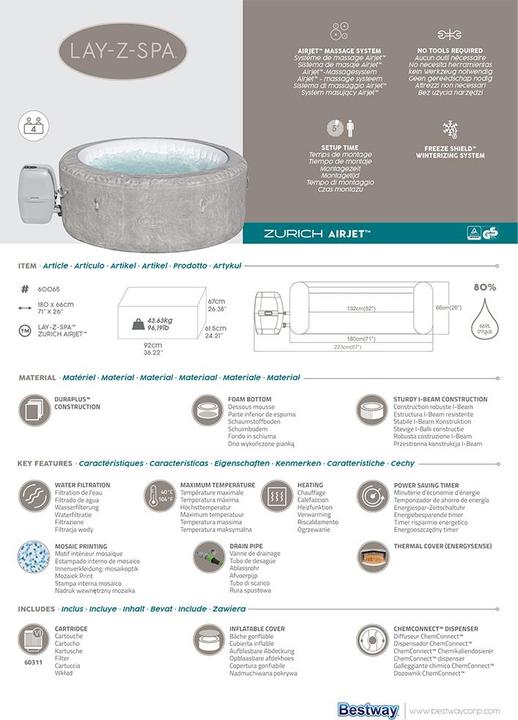 Image du produit Bestway Lay-Z-Spa Zürich 180x66cm Airjet (4 pers.)