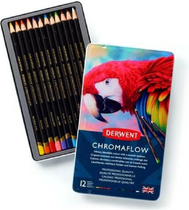 Image du produit Derwent Crayons de couleur Chromaflow (Rose Fard à Joues, Flamand, Brun Naturel, Écarlate, herbe verte, Denim, Jaune soleil, Bleu, Basilic, Noir, Lilac, Blanc, 12 x)