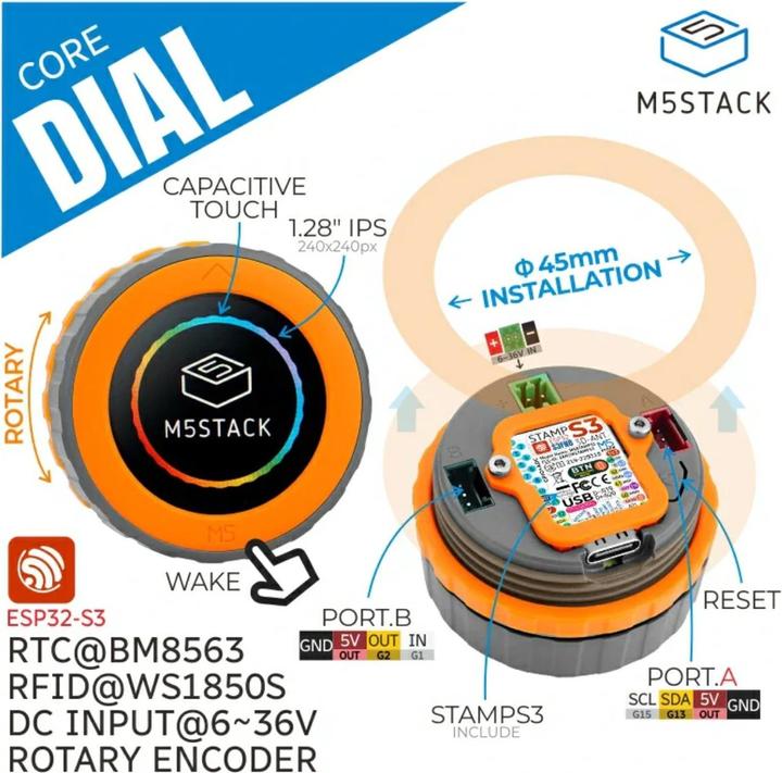 Immagine prodotto M5Stack Quadrante - ESP32-S3 Manopola intelligente con touchscreen da 1,28 pollici