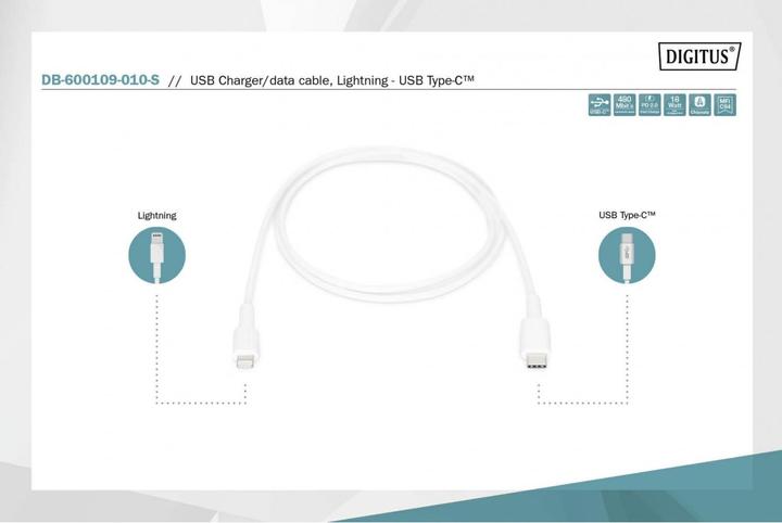 Immagine prodotto Digitus Cavo dati/di ricarica, Lightning-USB-C™, MFI, 1m (1 m, USB 2.0)