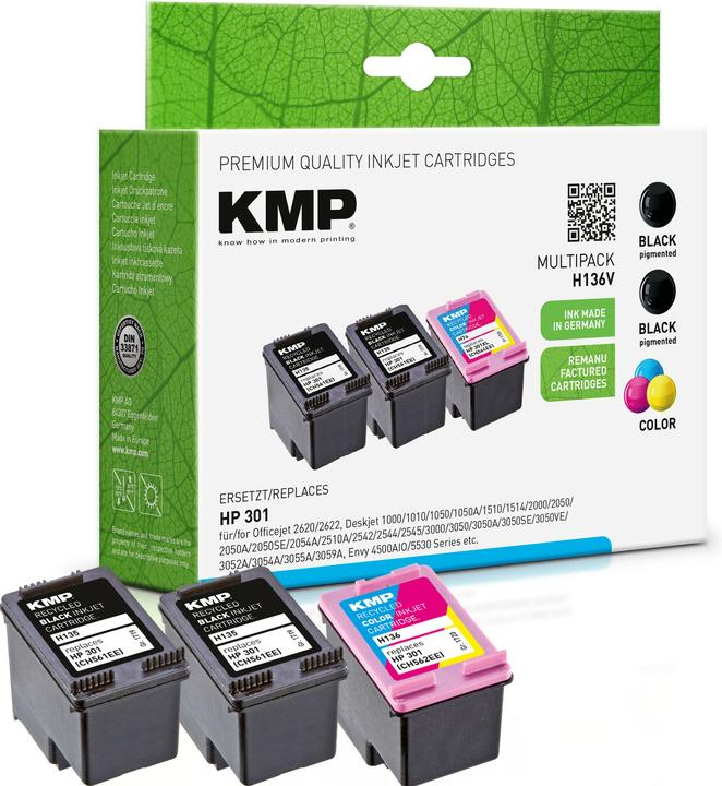 Productafbeelding KMP 3 H136V zwarte, kleuren inktpatronen vervangen HP 301 E5Y87EE