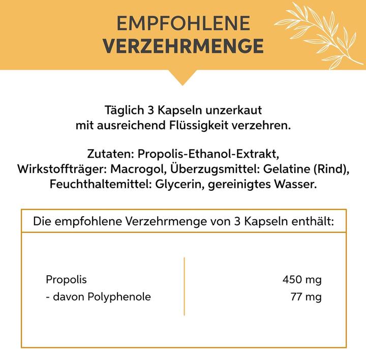 Nutritional values and ingredients Eltabia Propolis capsules | high-dose 450mg daily dose | natural bee resin (200 Piece, Capsules)