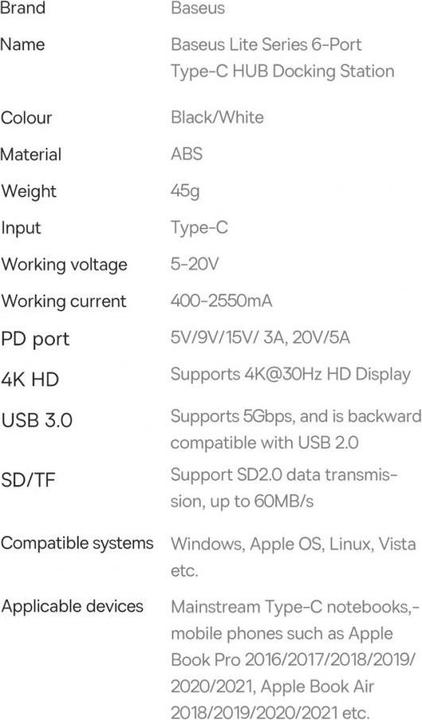 Produktbild Baseus LITE SERIES BS-OH020 HUB ADAPTER TYPE-C 6 PORT Black station (USB-C, 6 Ports)