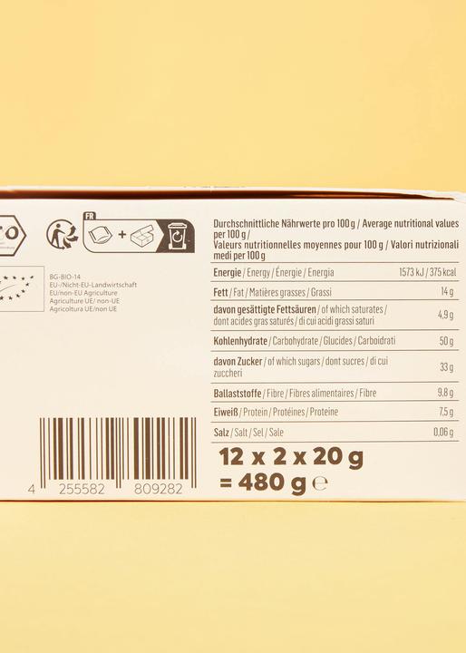 Nutritional values and ingredients KoRo Organic oat biscuit with raspberry filling and dark chocolate coating (480 g)