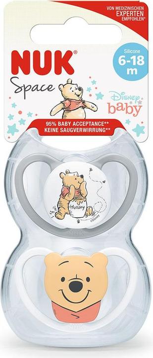 Produktbild NUK Disney Winnie Puuh Space Silikon-Schnuller, kiefergerechte Form, 6-18 Monate, 2 Stück, grau & we (2 x, ab 18 Monaten)