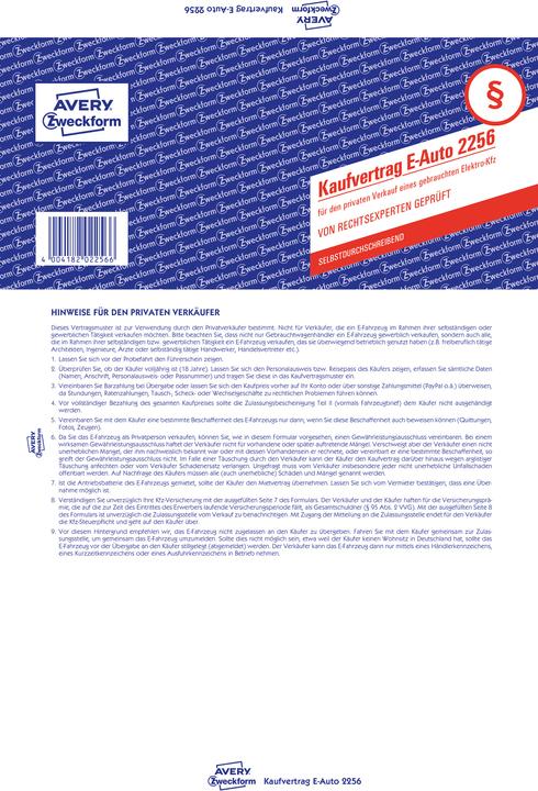 Produktbild Avery Kaufvertrag für den privaten Verkauf eines gebrauchten Elektro-Kfz/E-Auto (4 x)