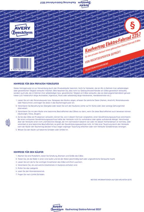 Image du produit Avery Contrat de vente pour la vente privée d'un vélo électrique/bicyclette d'occasion (4 x)