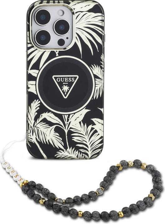 Guess Palm Trees Triangle Pearl Strap MagSafe case for iPhone 16 Pro black