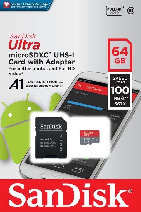 Produktbild SanDisk Ultra microSD A1 (64 GB, microSDXC, U1, UHS-I)