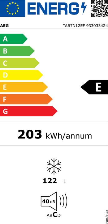 Energie-Label AEG TAB7N12EF Einbau-Gefrierschrank / 1225 mm / 122 L / NoFrost / Temperaturalarm / Festtür / E, 933 (Einbau, 122 l)