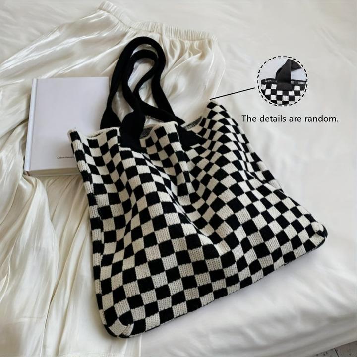 Only-Bags.Store Kariert gestrickt Umhängetasche, Trendy Plaid Pattern Tote Bag, grosse Kapazität Handtasche für