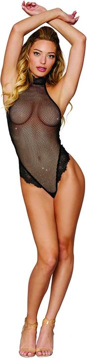 Actual product image Dreamgirl Women's Black Rhinestone Embellished Fishnet Halter Teddy (L)