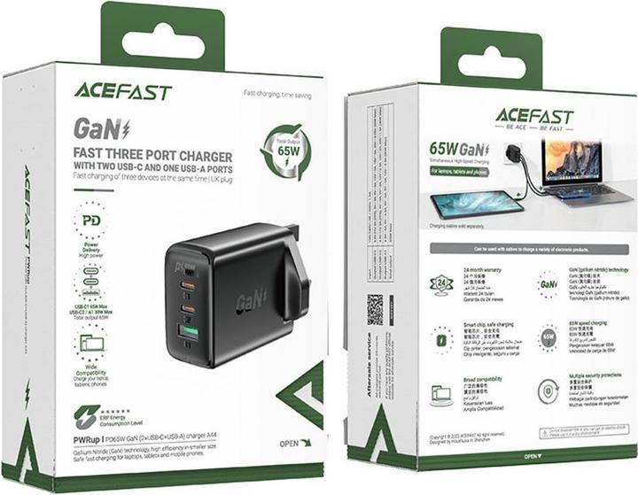 Image du produit Acefast charger GaN 65W 3 ports (1xUSB, 2xUSB C PD) UK plug black (A44) (65 W)