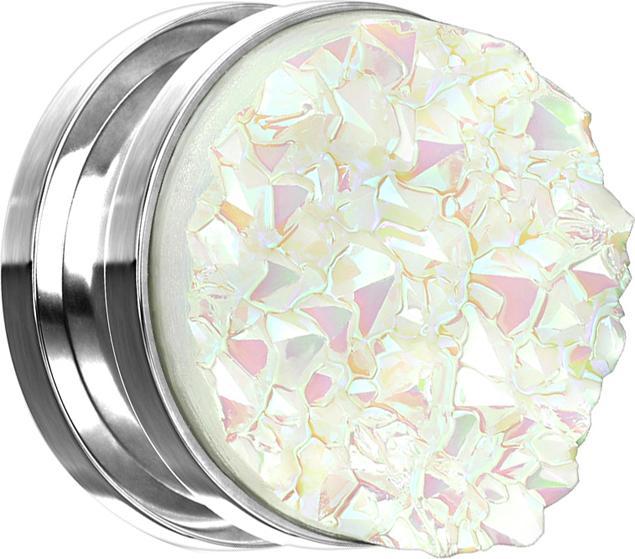 Star Piercing Flesh Plug silber mit Druse Stein weiss (Chirurgenstahl 316L, ohne Messing)