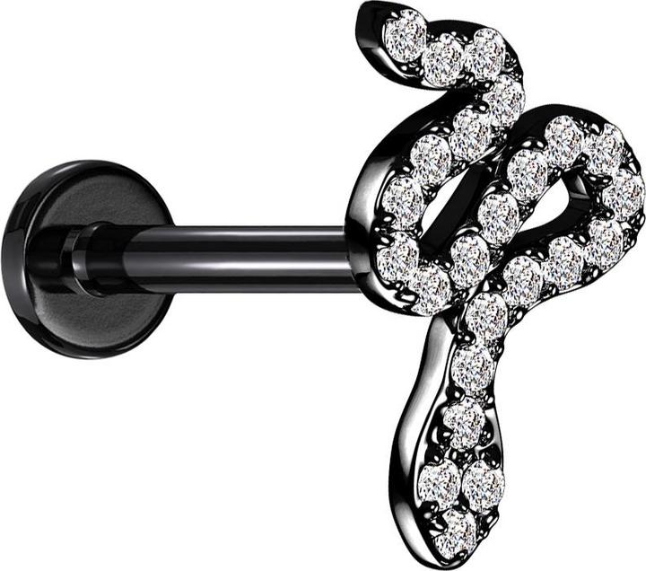 Actual product image Star Piercing Micro labret internal thread black snake crystals silver (Brass, Surgical steel 316L)